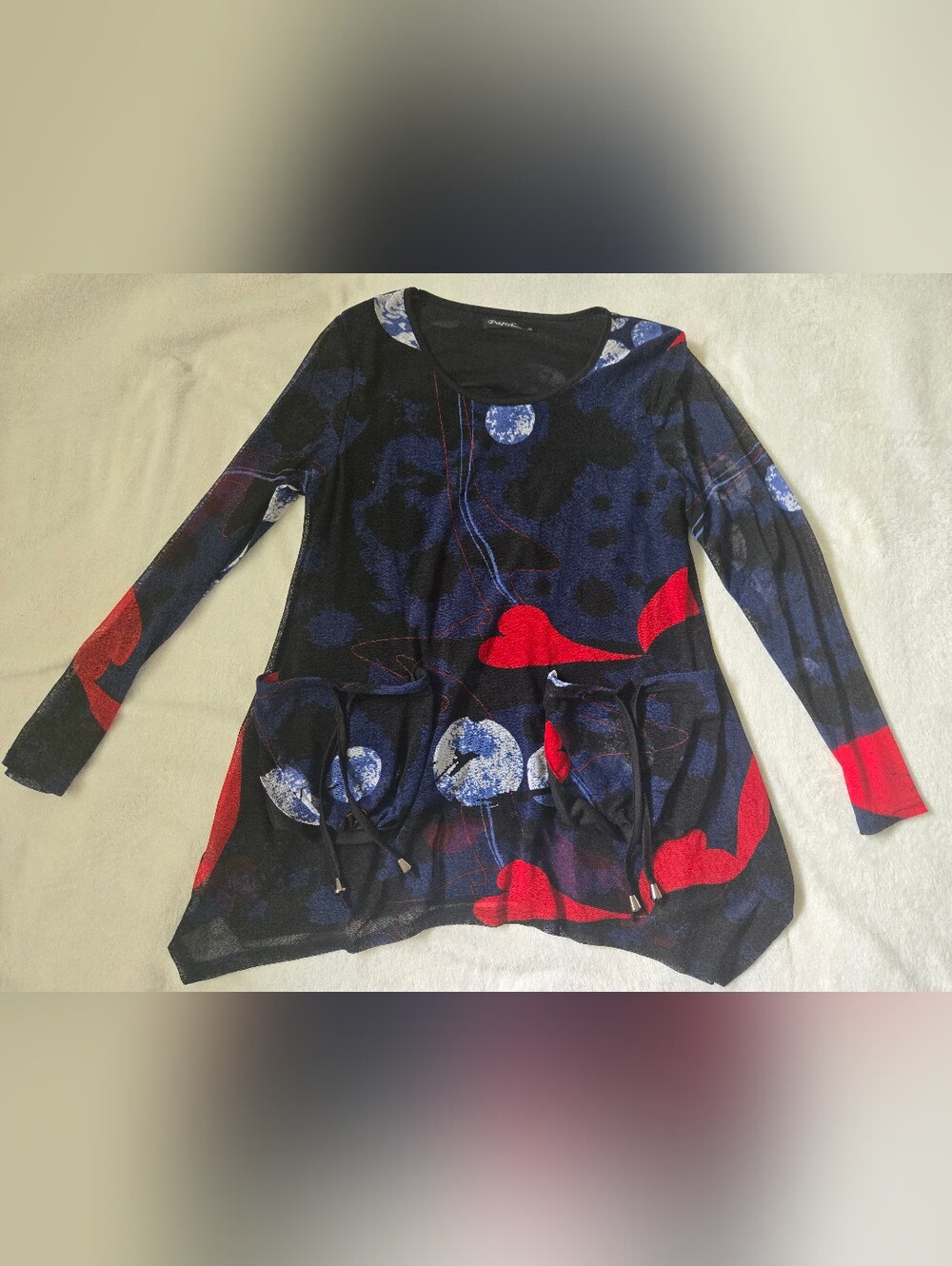 Women’s Navy Blue & Red Long-Sleeve Tunic with Pockets